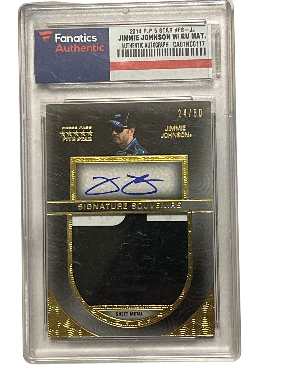 Lot 305r: 2014 Press Pass Five Star Jimmie Johnson Signature Souvenirs Sheet Metal Relic Autograph Card 24/50