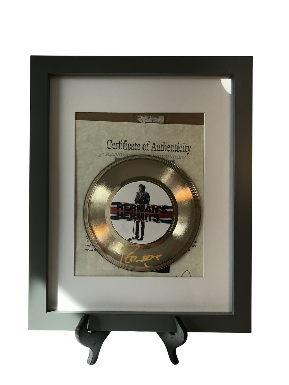 Lot 118: Herman's Hermits Autographed Gold-Tone Record Display