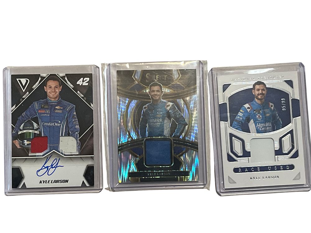 Lot 305y: A Trio of Panini Kyle Larson NASCAR Relic Trading Cards Including Autograph