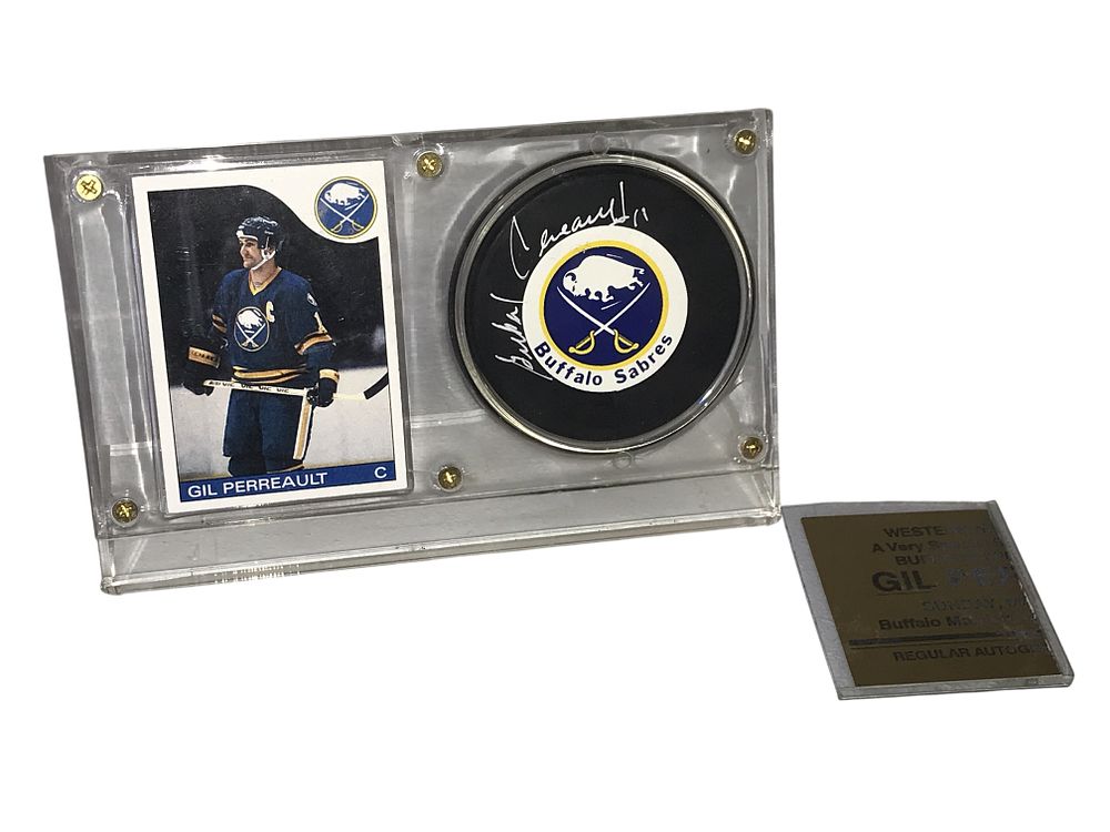 Lot 230: Gil Perreault Autographed Buffalo Sabres Hockey Puck and 1985 Topps Trading Card Display