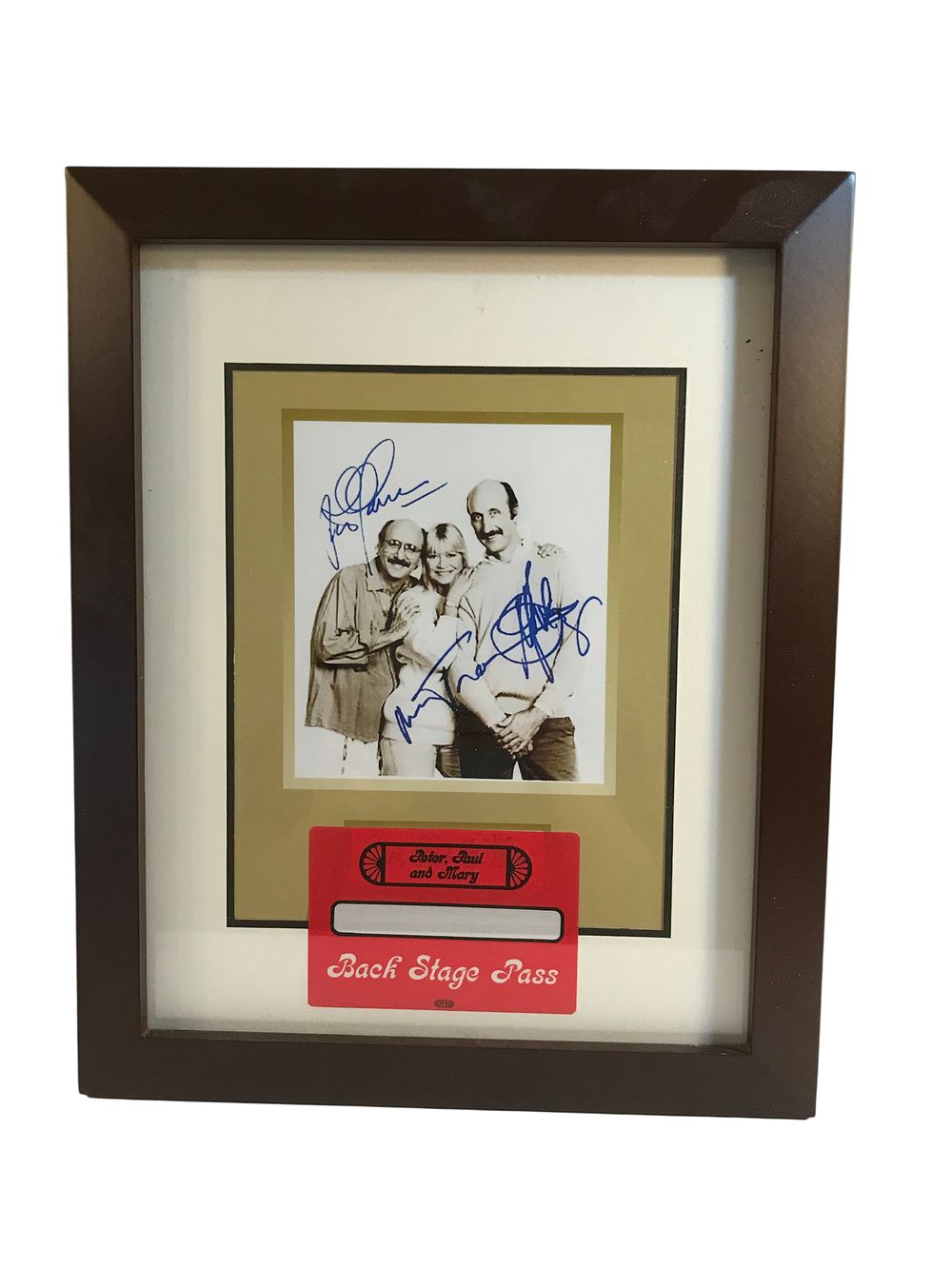 Lot 153: Peter, Paul and Mary Triple-Signed Photograph and Backstage Pass Framed Display