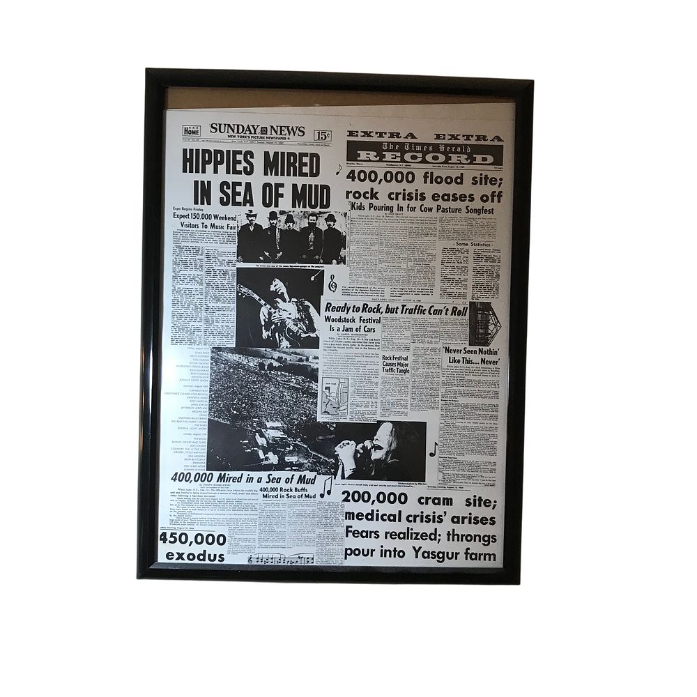 Lot 160: Framed Woodstock 1969 Commemorative Newspaper Collage Poster