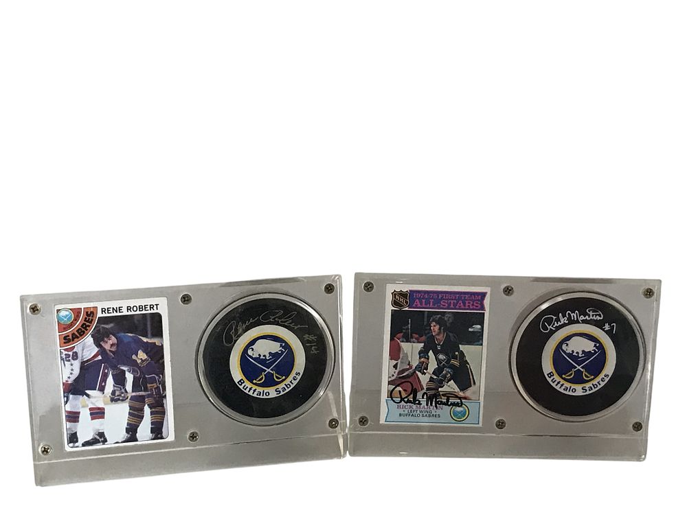 Lot 230b: A Pair of Buffalo Sabres Autographed Puck and Trading Card Displays