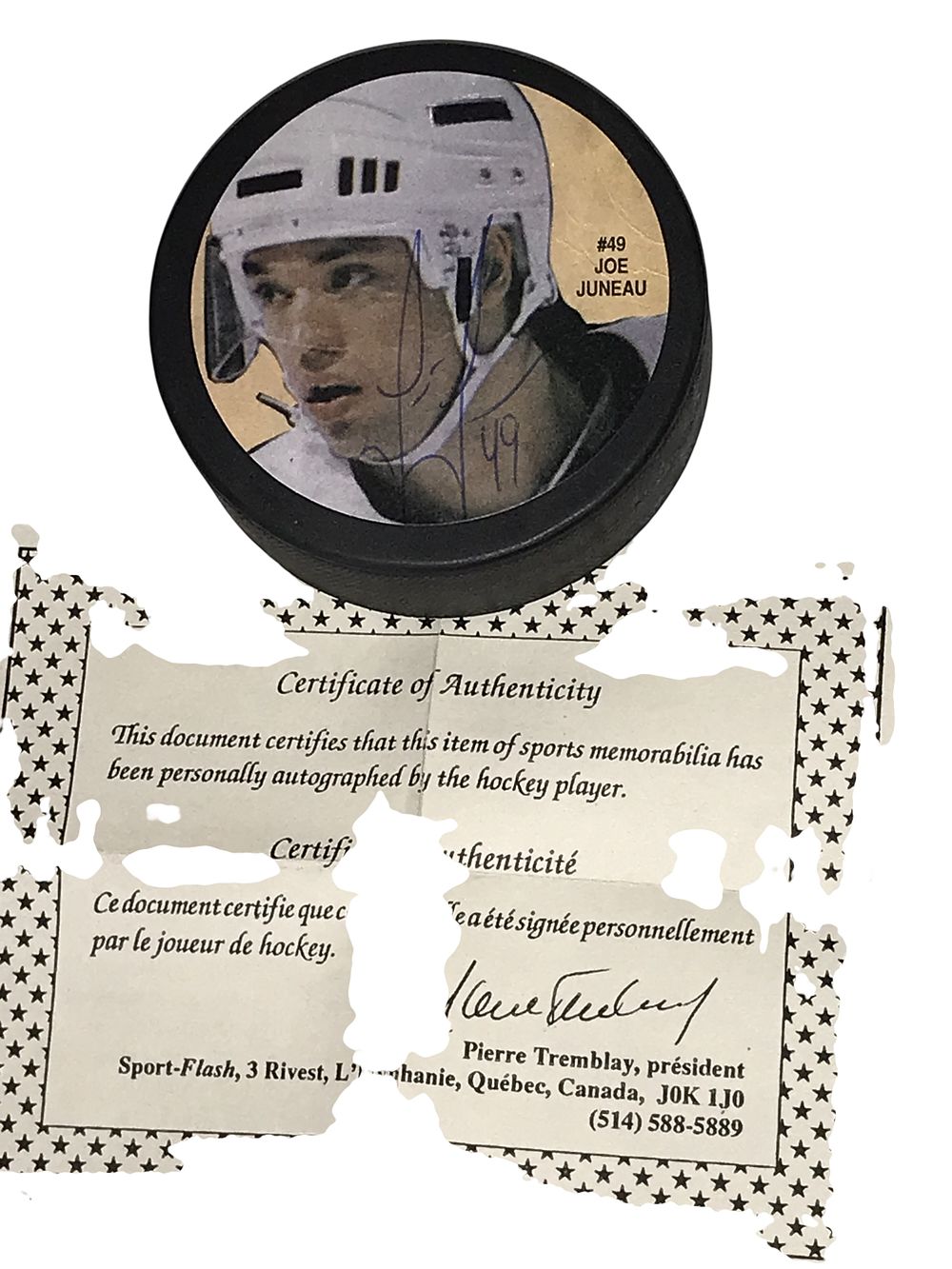 Lot 231: Joe Juneau Autographed Hockey Puck with Sport-Flash Certificate of Authenticity