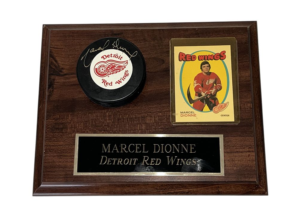 Lot 238: Marcel Dionne Detroit Red Wings Signed Puck and Trading Card Commemorative Plaque