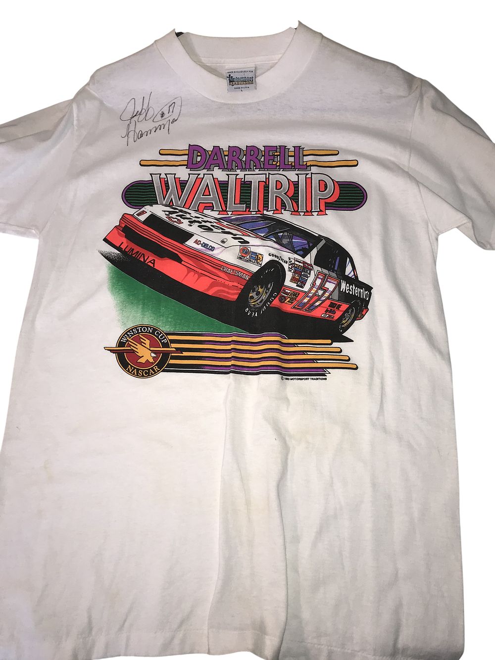 Lot 284: Motorsport Traditions Darrell Waltrip NASCAR Graphic T-Shirt Signed by Jeff Hammond