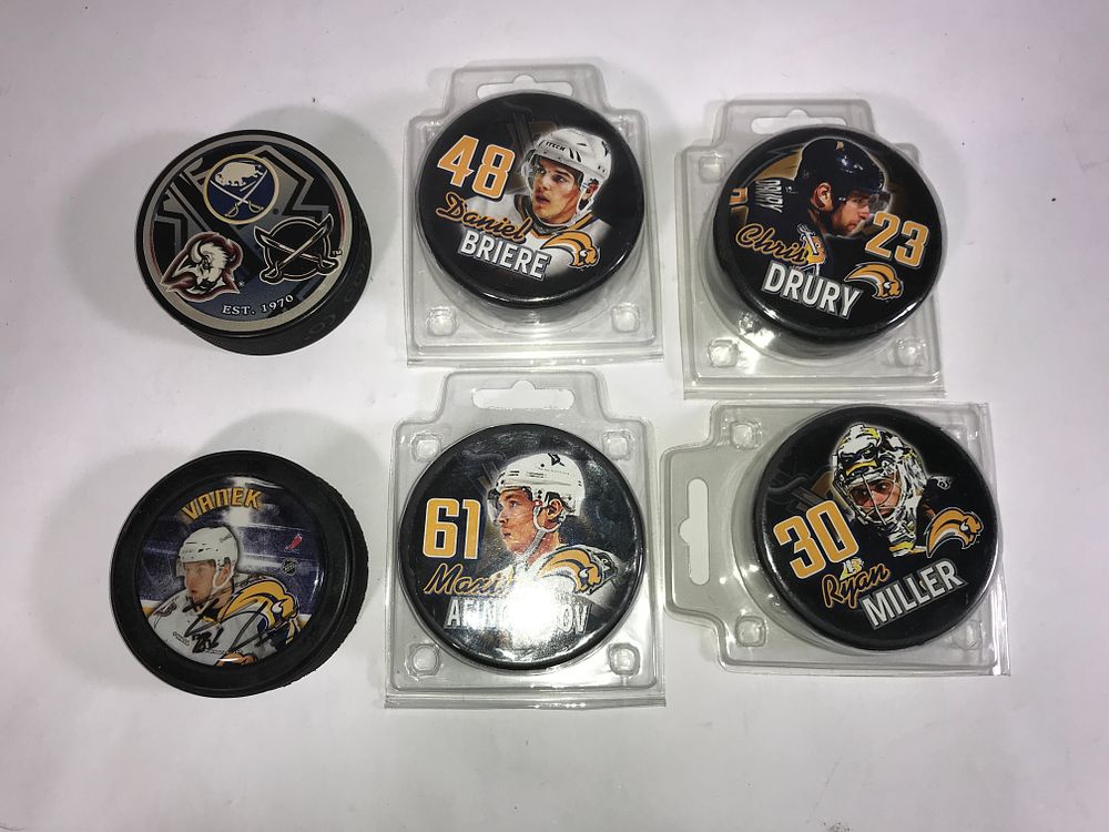 Lot 241: Sabres hockey pucks (6) Mid-2000's