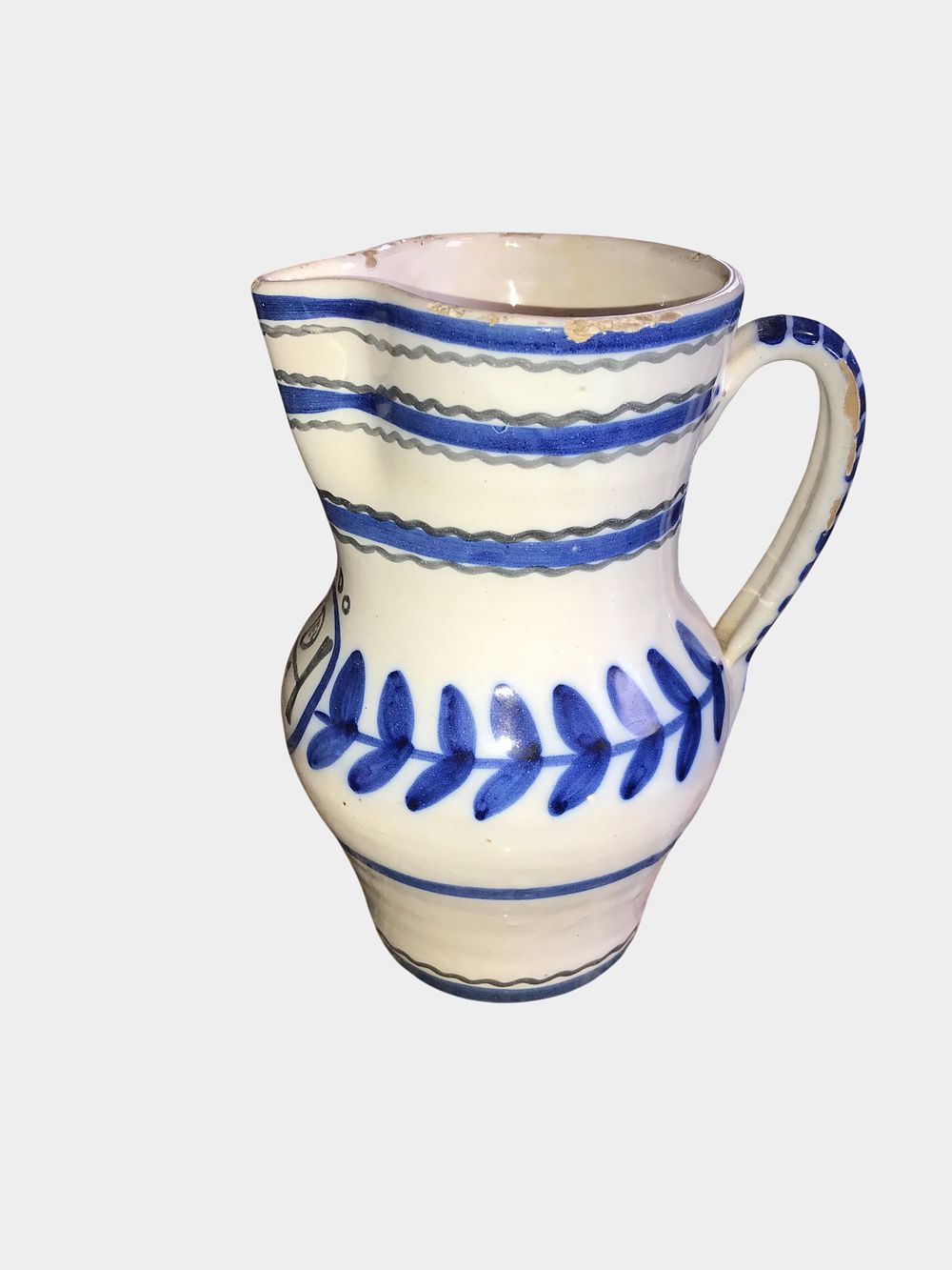 Lot 60: Spanish Talavera Style Blue and White Ceramic Pitcher, Toledo