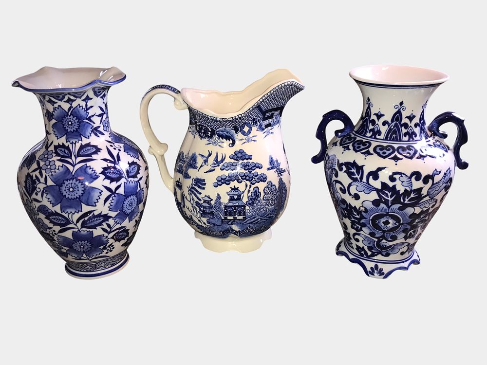 Lot 61: Blue and White Transferware Ceramic Decorative Vases & Pitcher