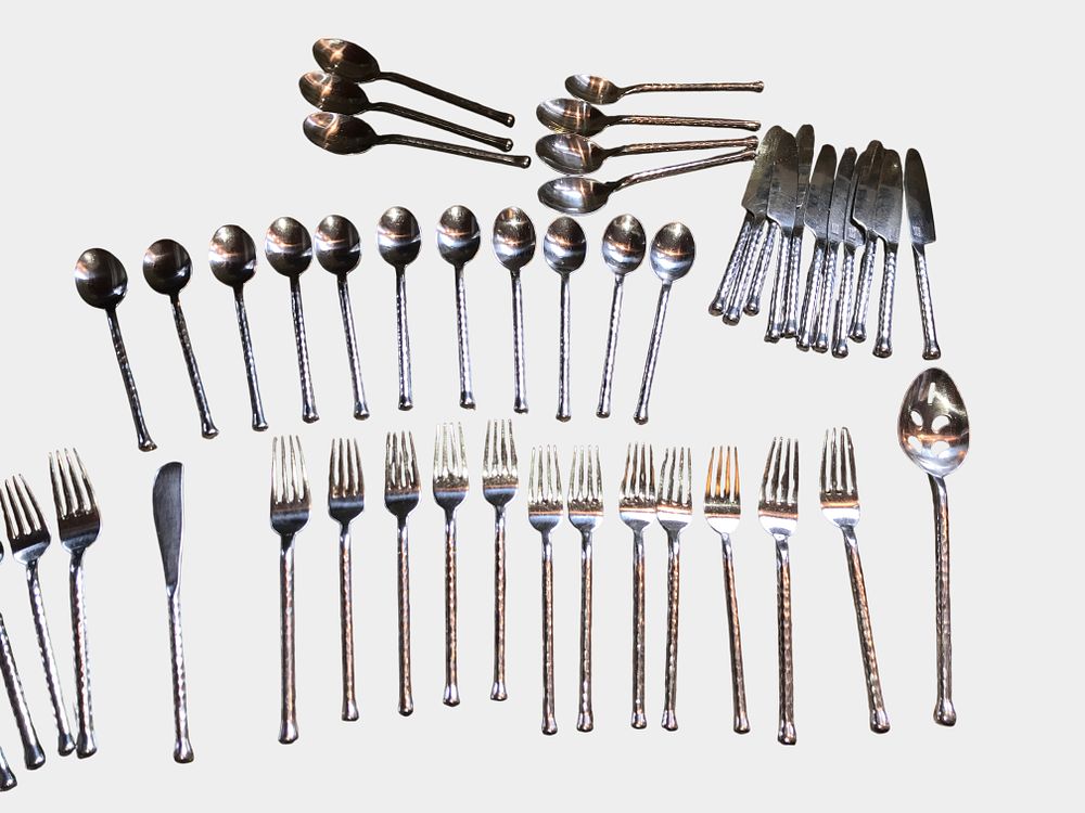 Lot 63: Set of Gourmet Settings Hammered Stainless Steel Flatware