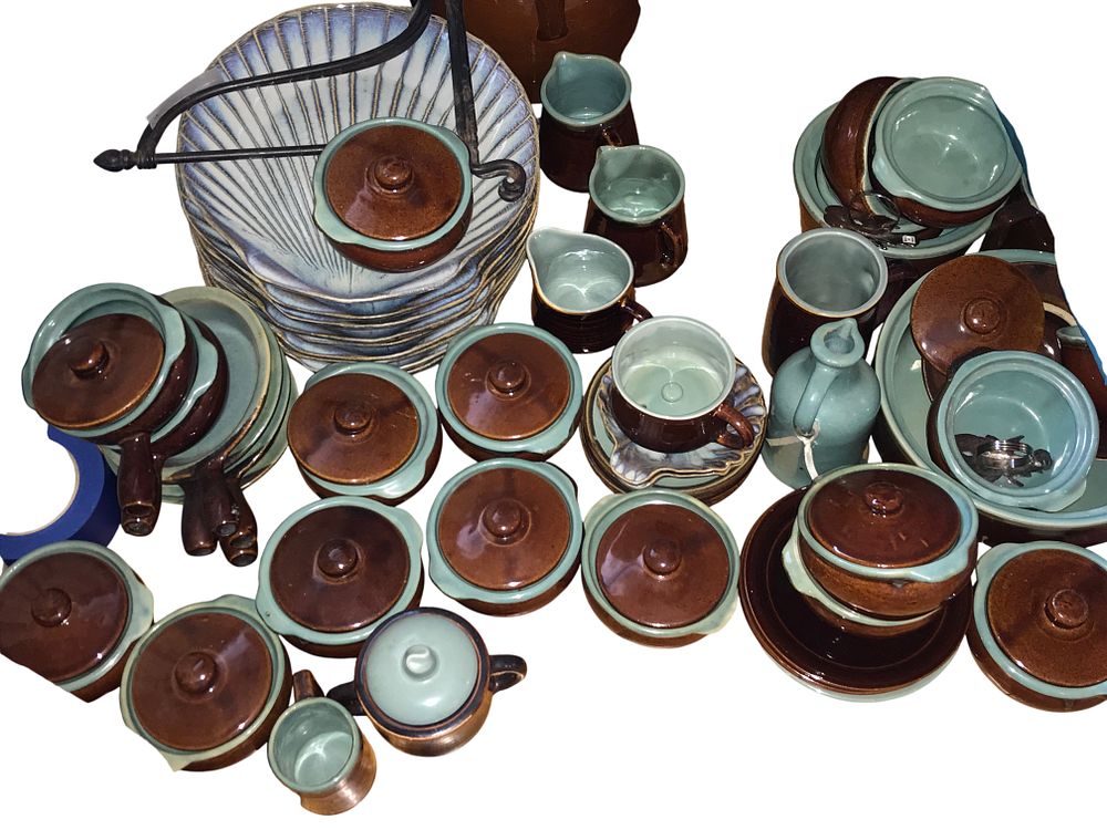 Lot 72: Green Pattern Stoneware Dinnerware and Serving Pieces