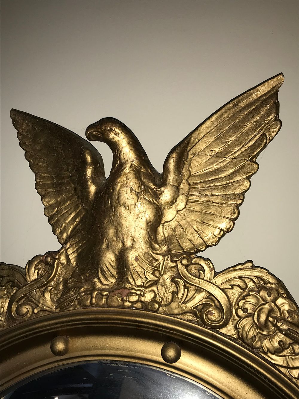 Lot 73: Federal-Style Giltwood Convex Bullseye Eagle Mirror