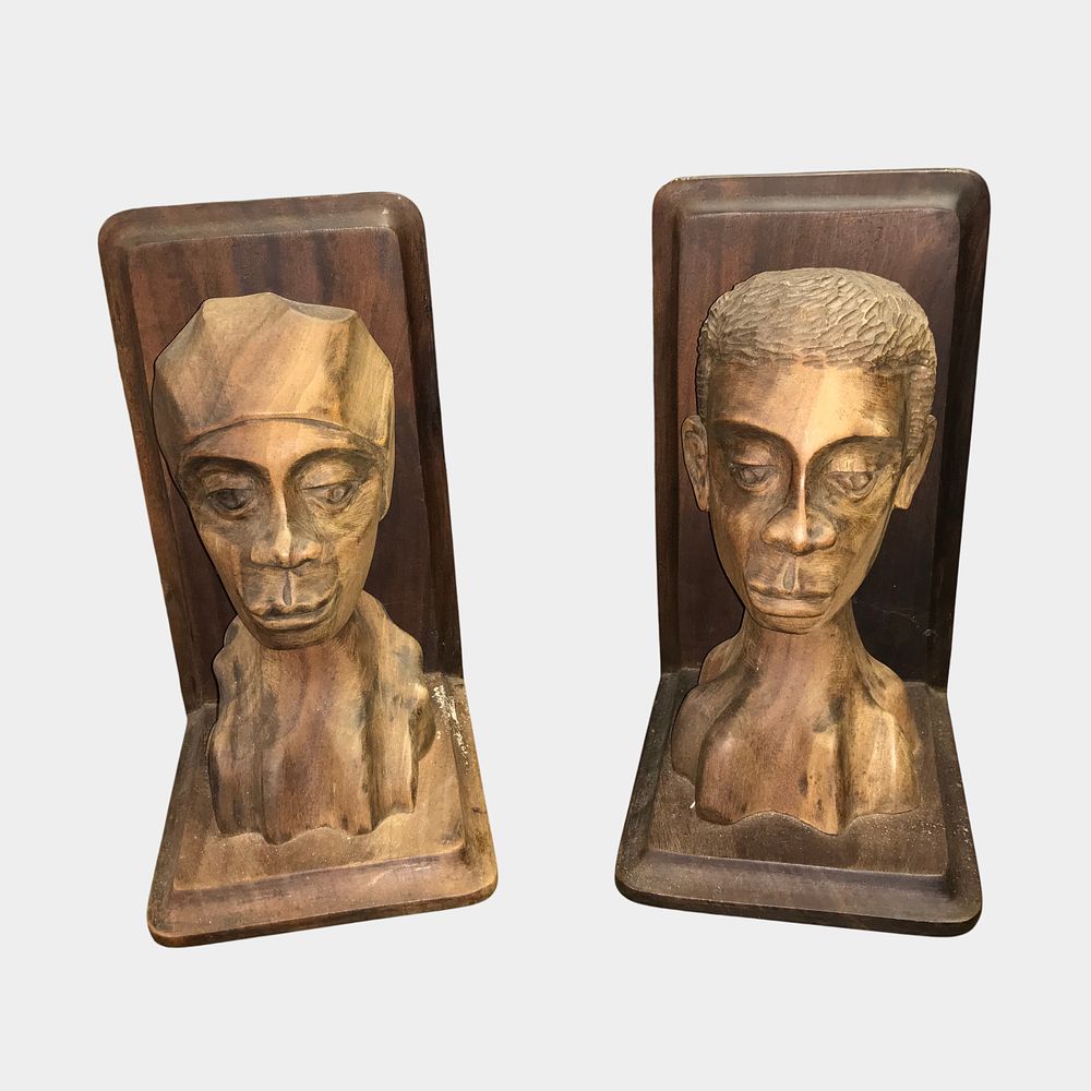 Lot 75: A Pair of Mid-Century Hand-Carved Wooden Figural Bust Bookends Signed F. Decembre