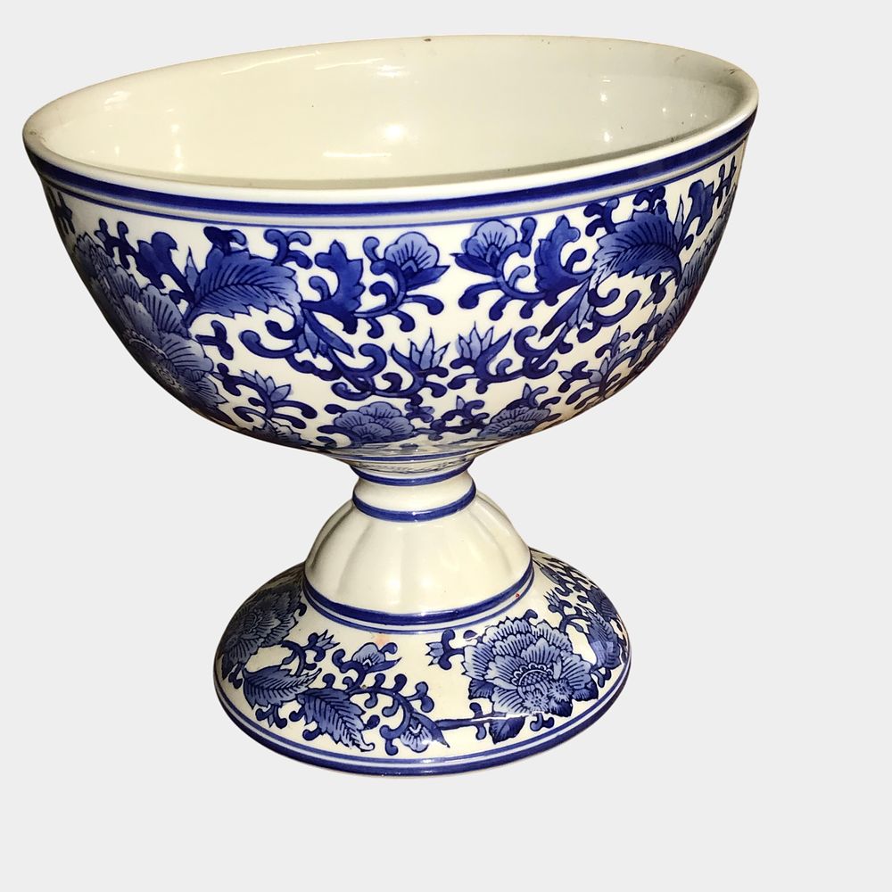 Lot 76: Nantucket Home Blue and White Chinoiserie Style Porcelain Pedestal Bowl