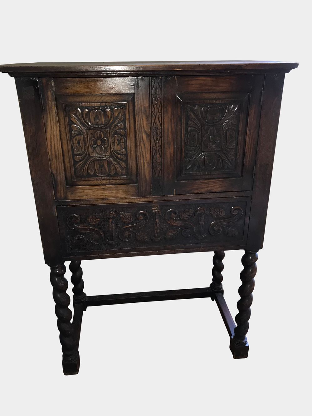 Lot 78: Jacobean Revival Carved Oak Secretary Cabinet on Stand
