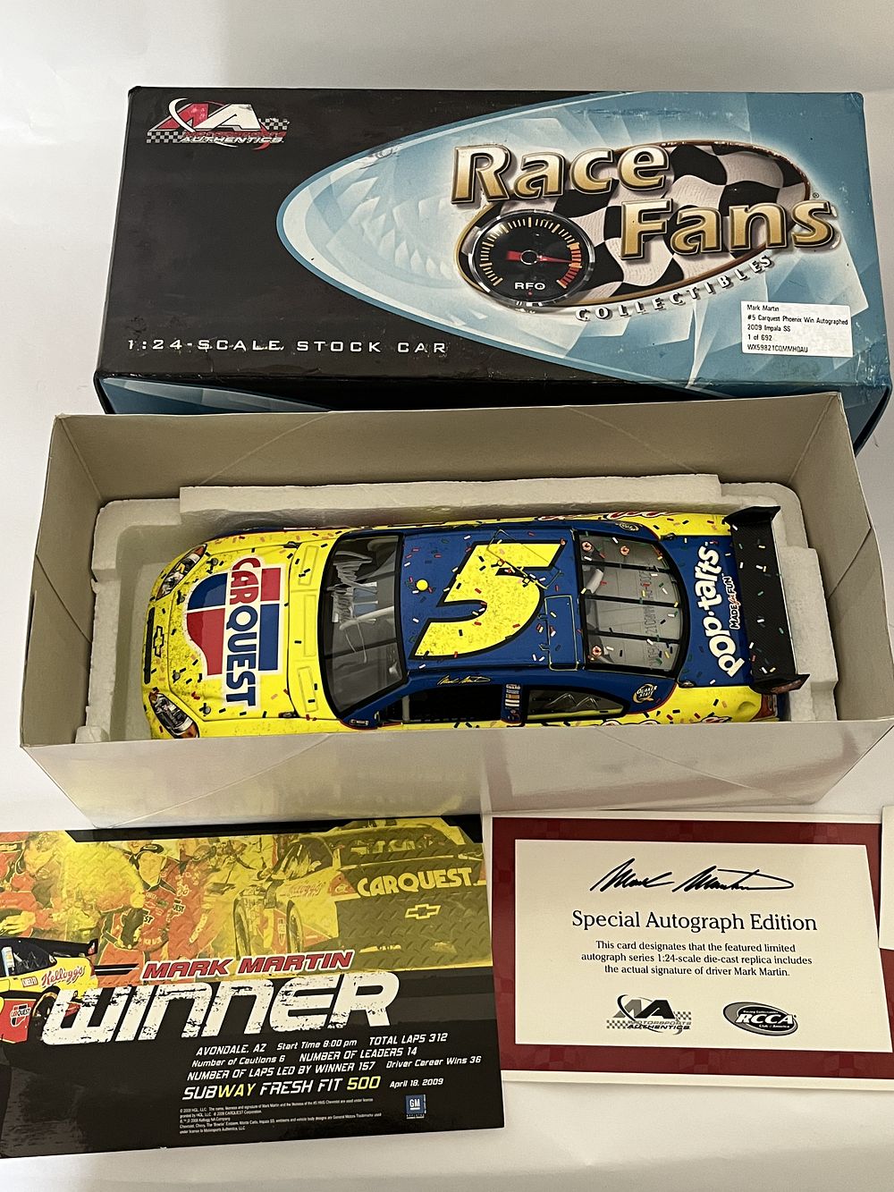 Lot 278: Mark Martin Signed 1:24 Scale 2009 Carquest Phoenix Win Chevrolet Impala SS Die-Cast Car