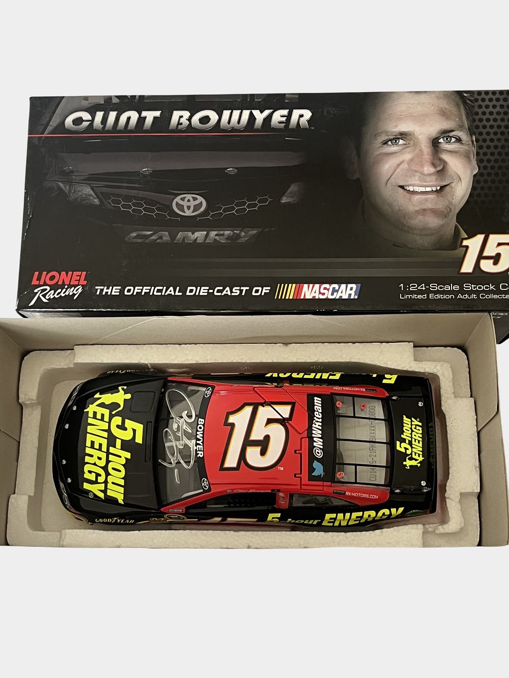 Lot 279: 2014 Clint Bowyer #15 5-hour ENERGY Autographed 1:24 Scale Die-cast Toyota Camry