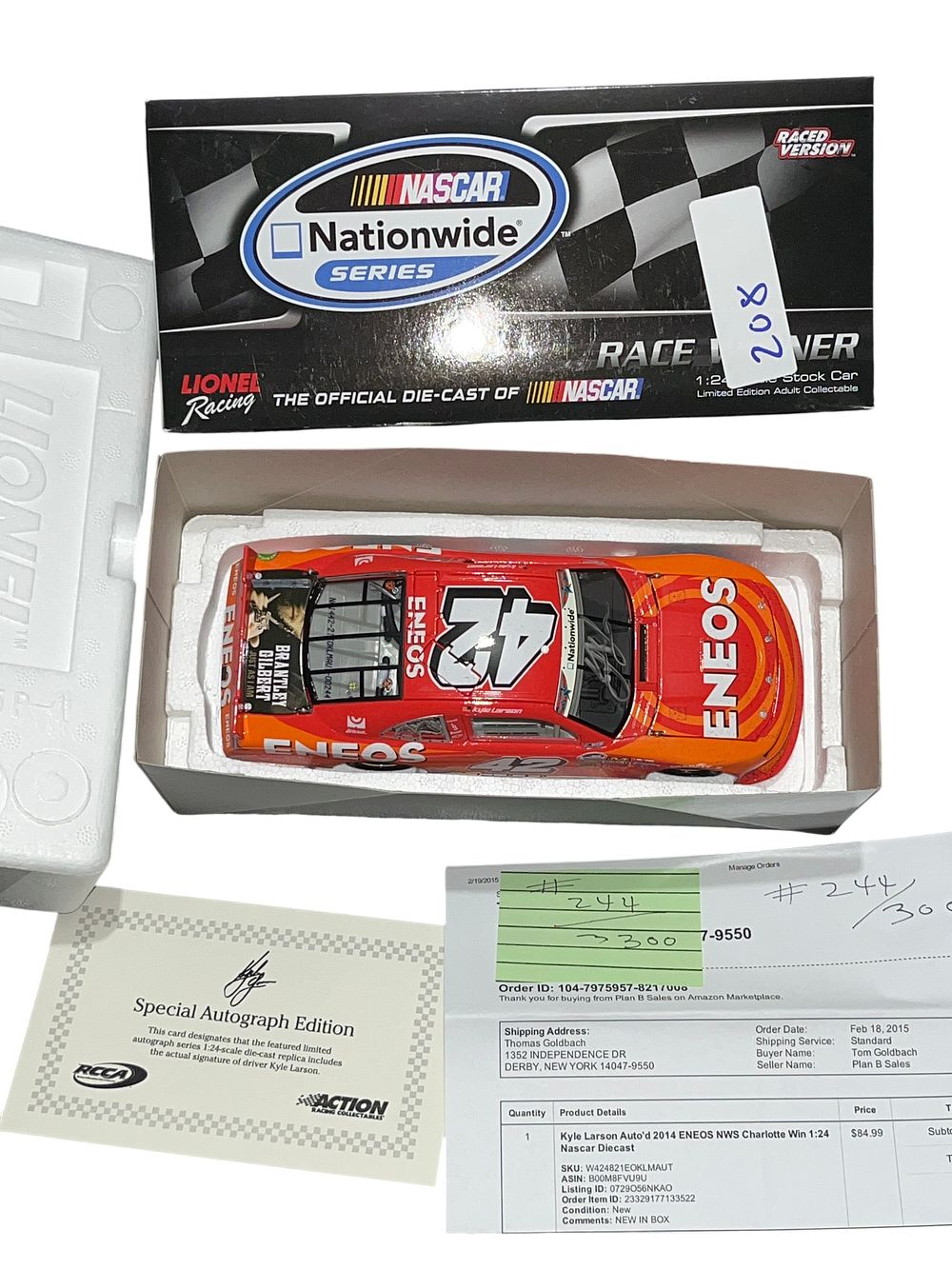 Lot 308: 2014 Kyle Larson #42 ENEOS History 300 Win Autographed 1:24 Scale Die-Cast Stock Car