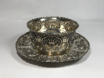 Repousse Sterling Bowl & Underplate. The set is sterling silver, characterized by ornate 