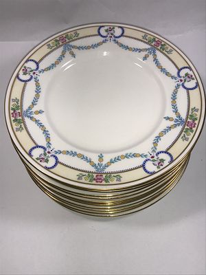 Mintons 9 inch Dinner Plates - set of 10. This set features blue floral swags, and a gold rim on 