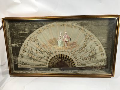 Antique Framed French Hand Fan. Features what appears to be hand painted Gallant scene, The fan 