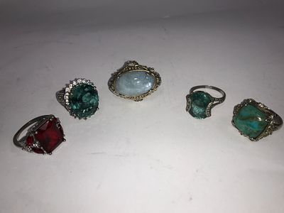 5 Sterling Rings. Weight is approximately 50 grams, Turquoise Ring is size 9 the other 4 are size 10