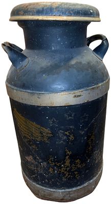 Vintage Painted Americana Style Steel Milk Can. large-scale industrial dairy milk can is 