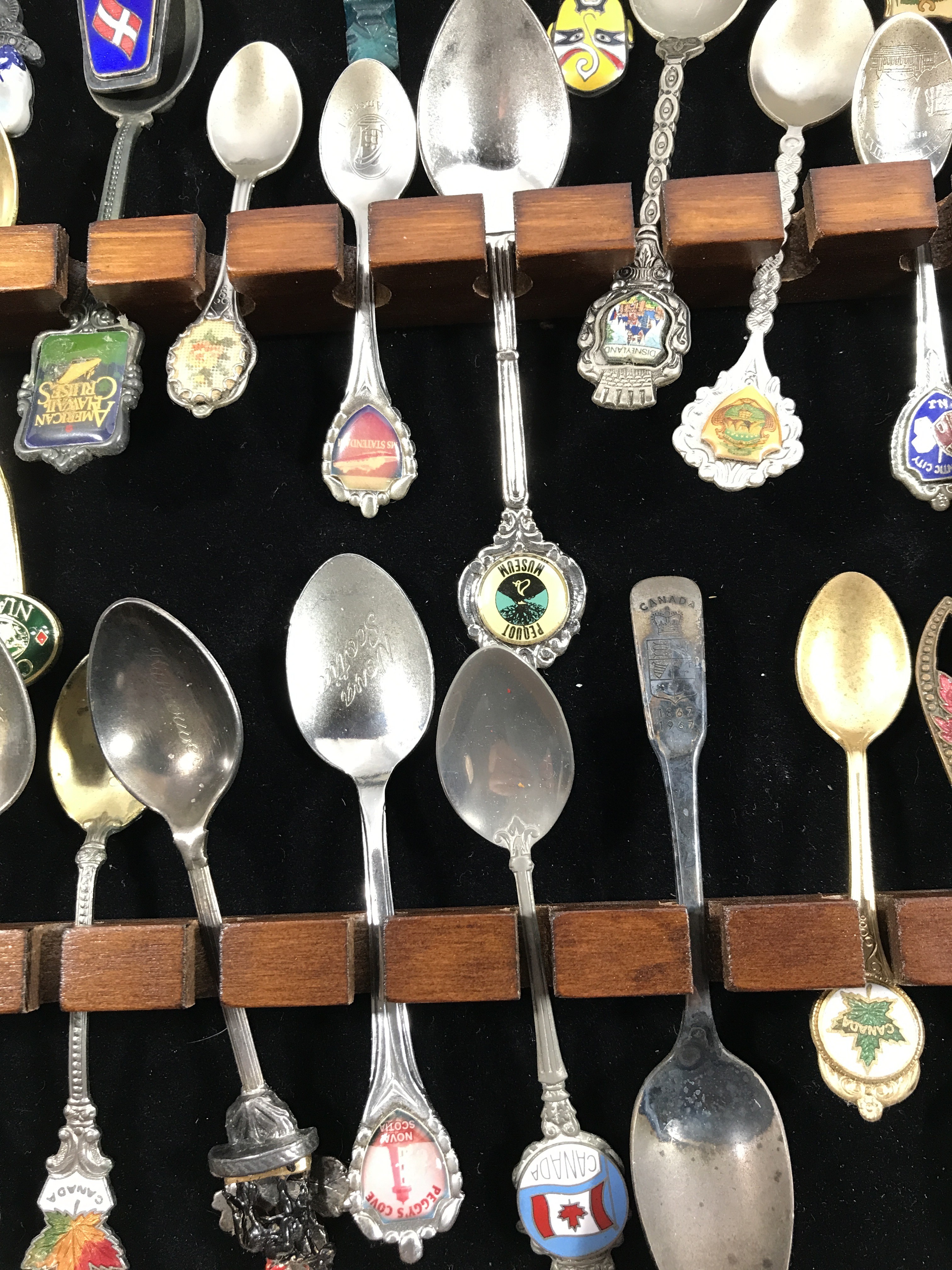Vintage souvenir, spoon collection in wood display