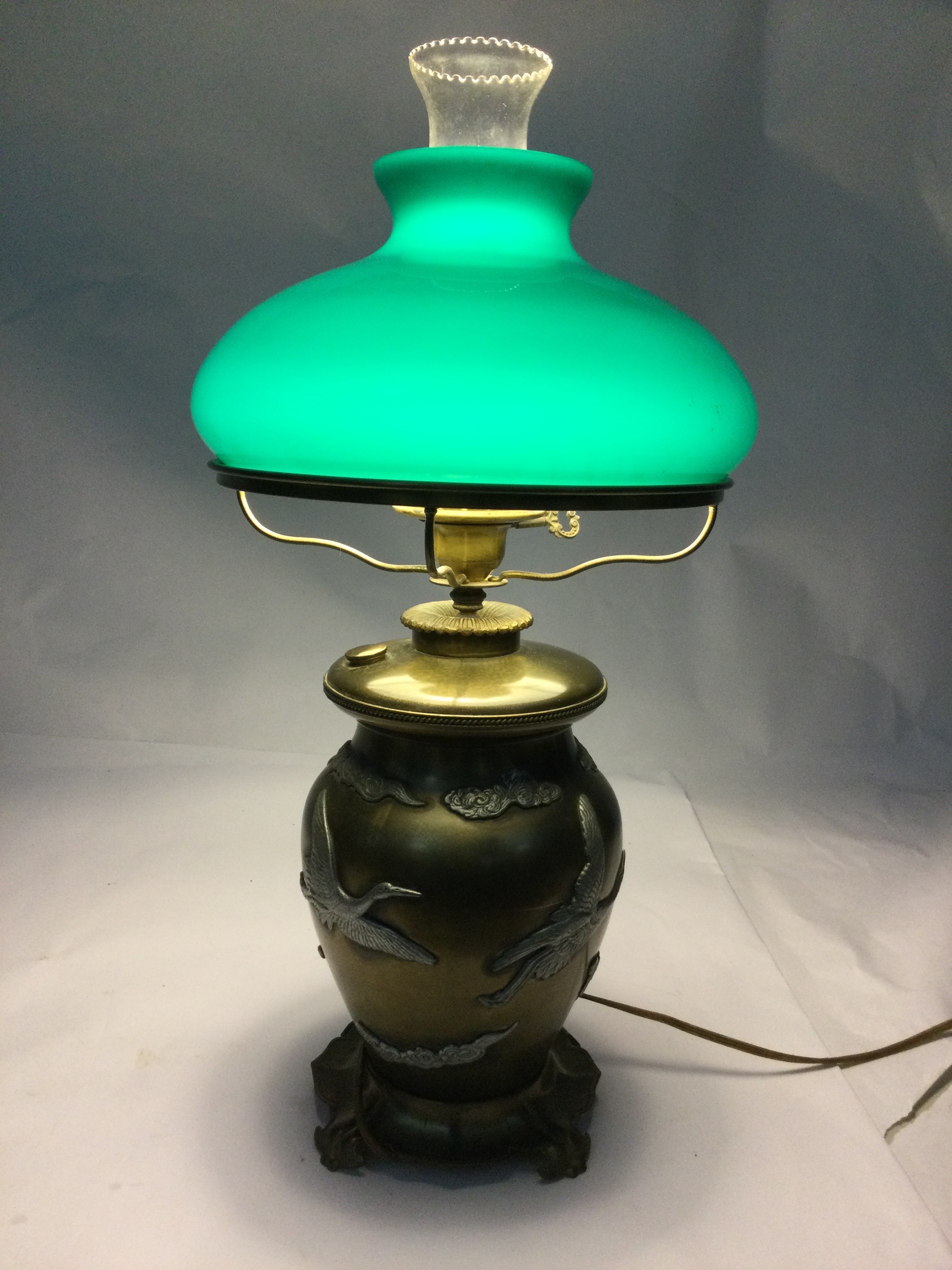 Vintage Crane Themed Lamp Green Glass Shade
