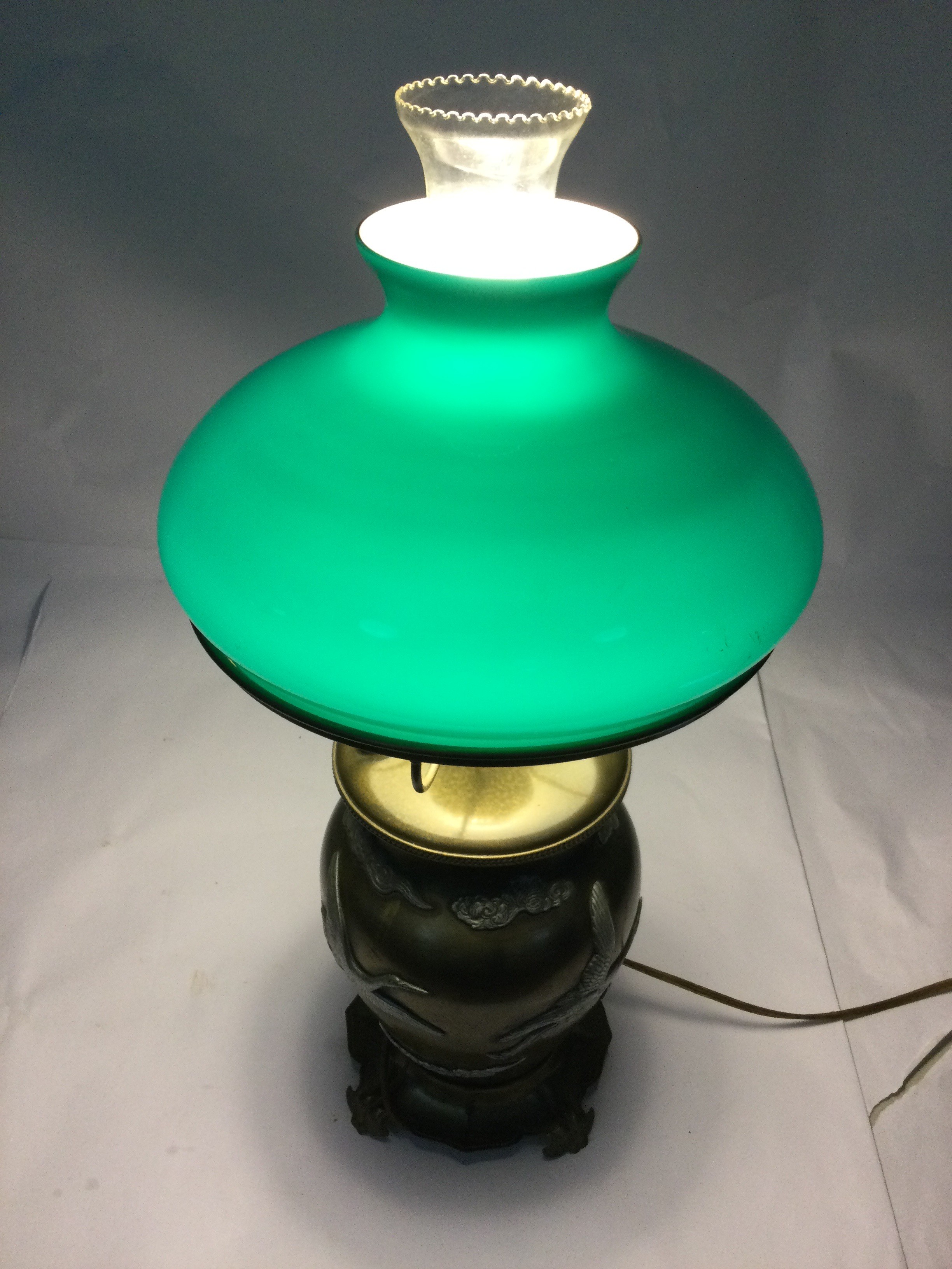 Vintage Crane Themed Lamp Green Glass Shade