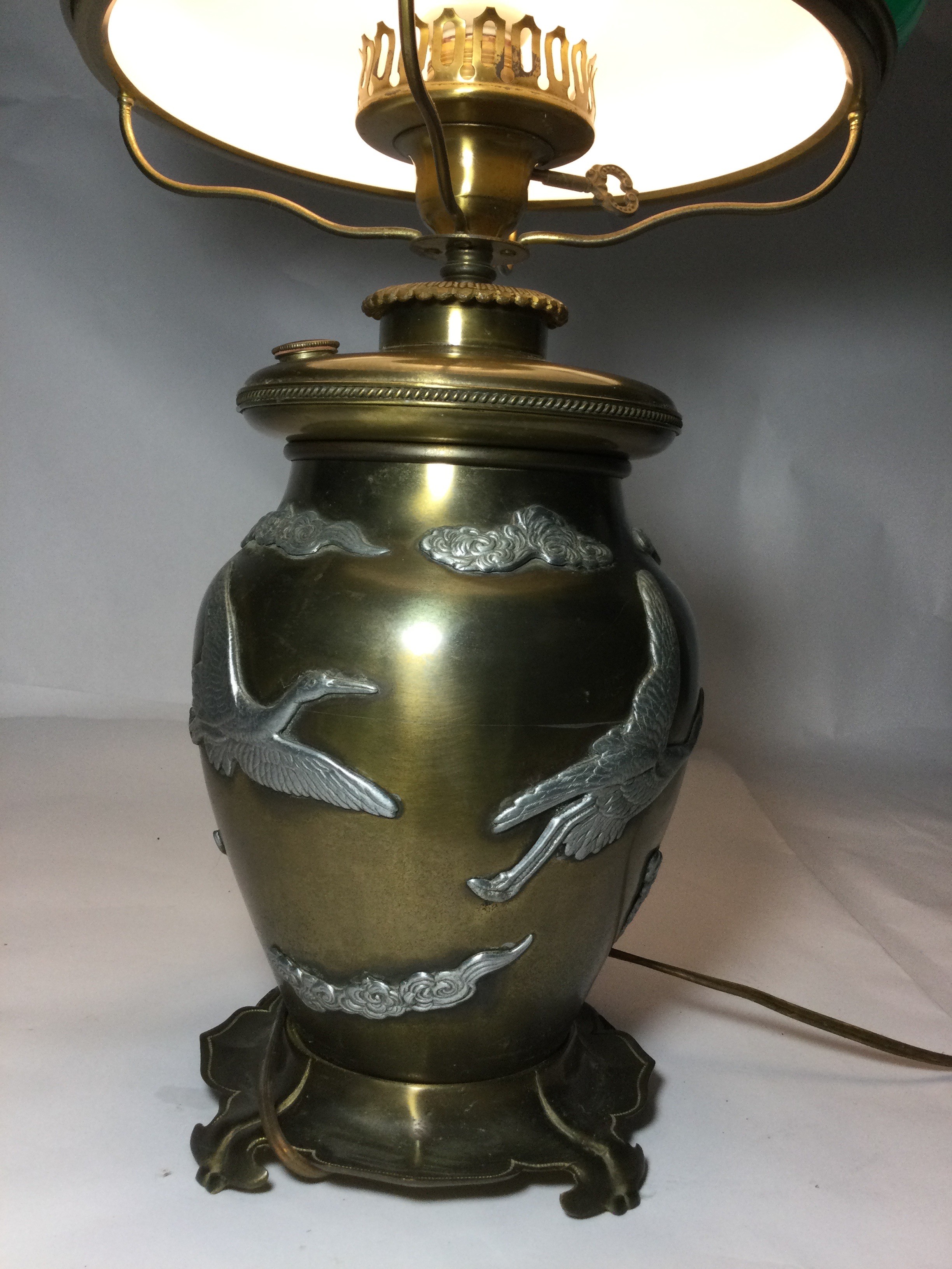 Vintage Crane Themed Lamp Green Glass Shade