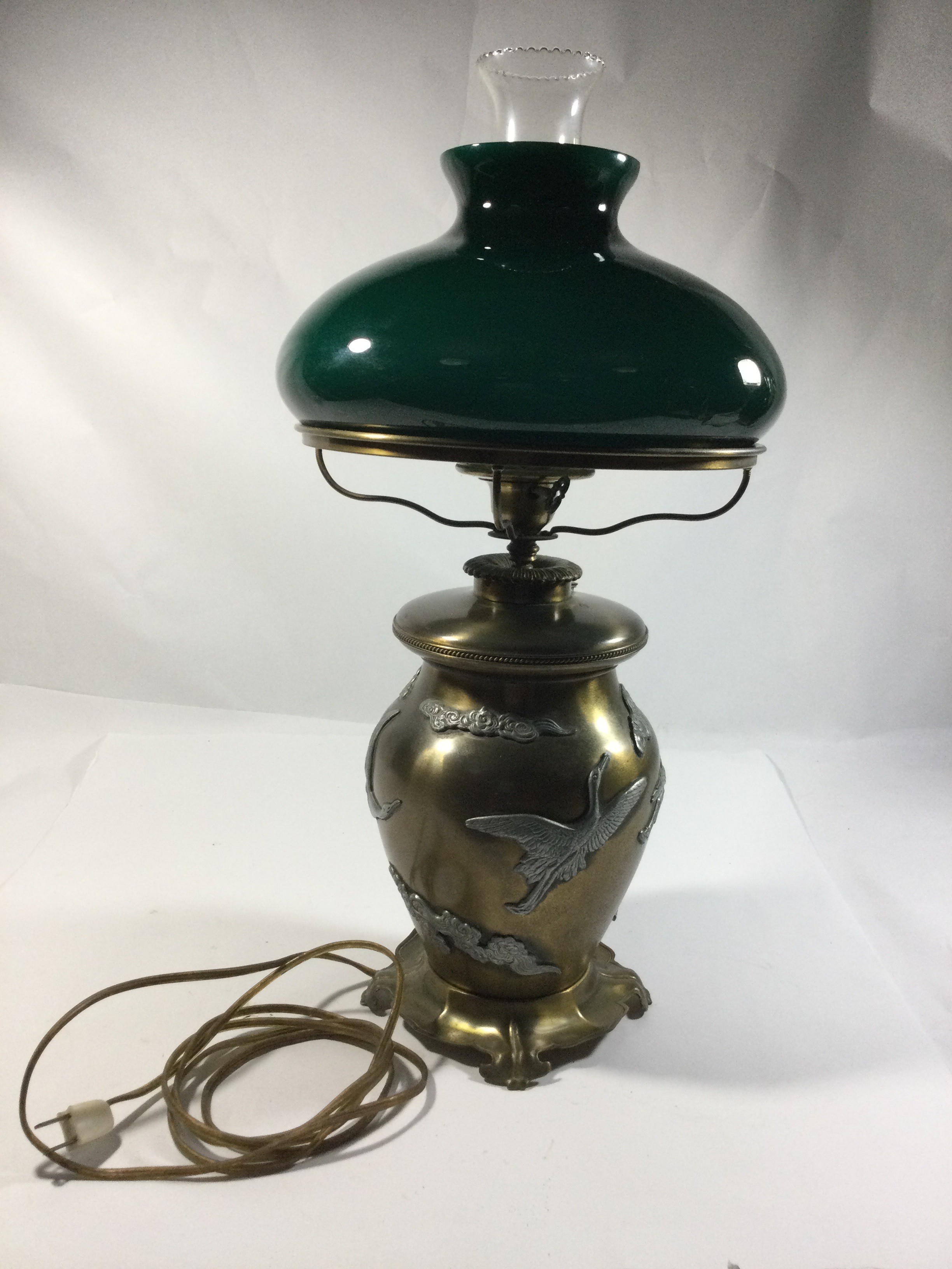 Vintage Crane Themed Lamp Green Glass Shade