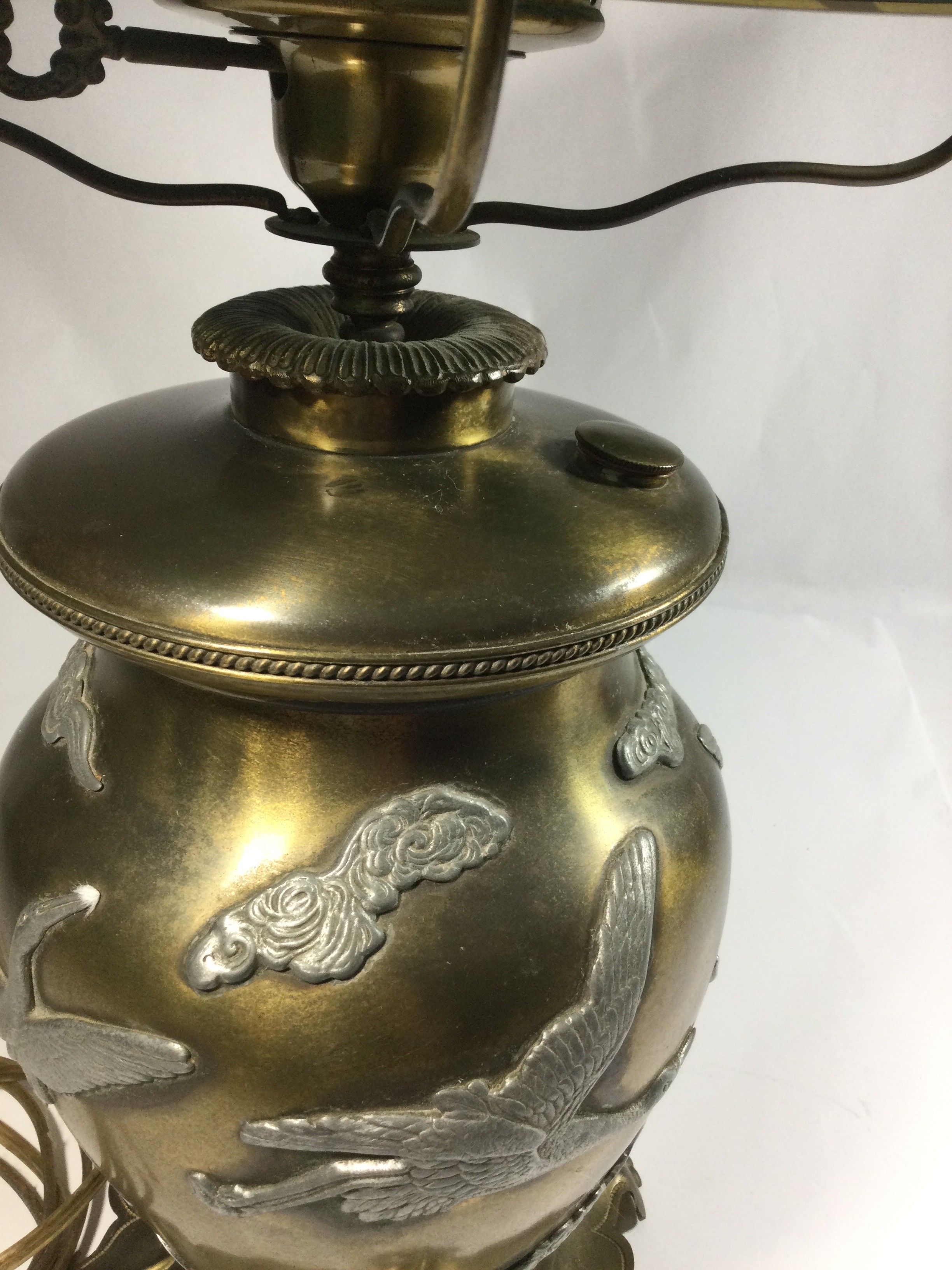 Vintage Crane Themed Lamp Green Glass Shade