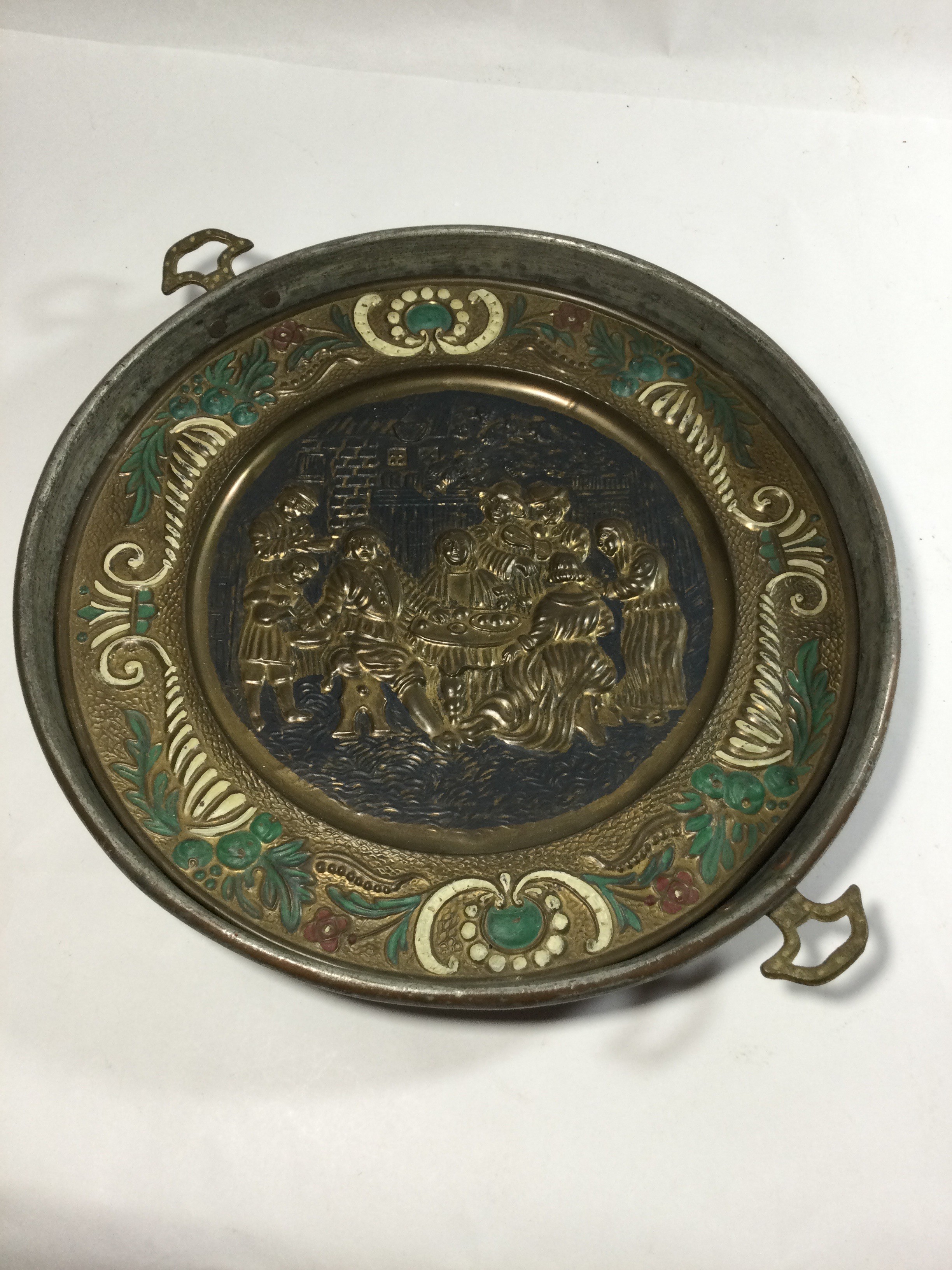 Antique Tinned Copper & Brass Handled Pan