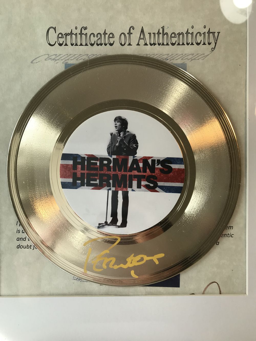 Lot 515: Herman's Hermits Autographed Gold-Tone Record Disp