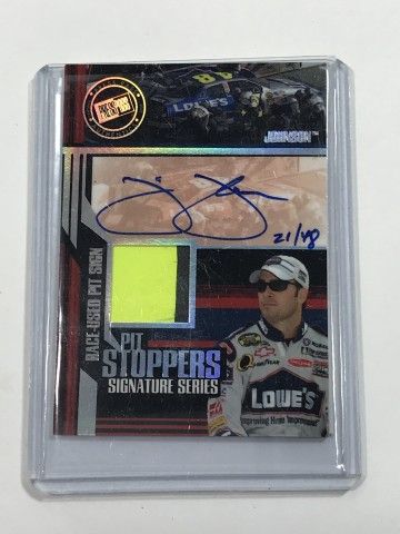 Lot 79: Jimmie Johnson 2005 Press Pass Trackside Pit Stoppers Autographed Relic Card numbered 21/48
