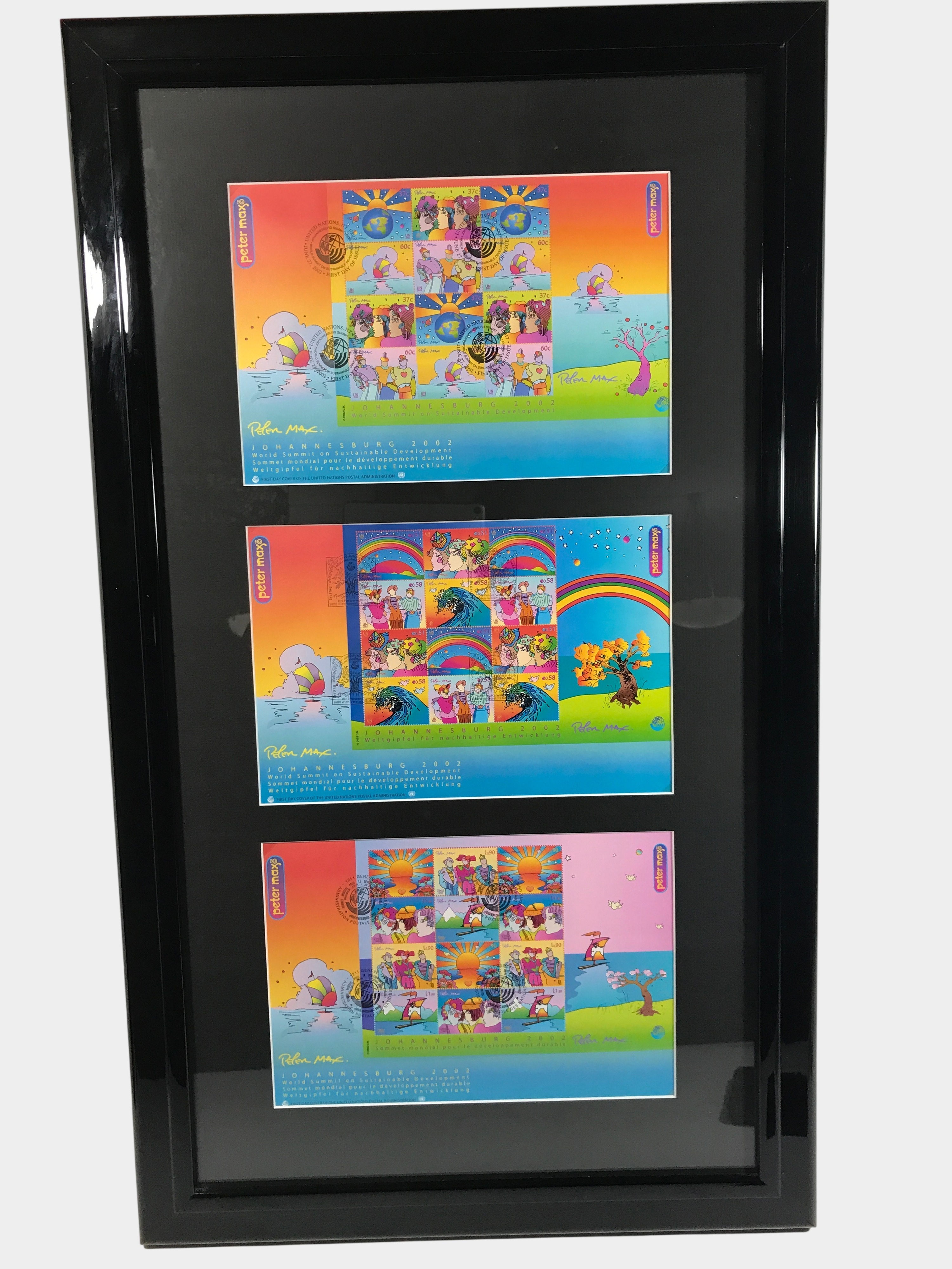 UN 2002 World Summit First Day Covers, Trio of Framed Peter Max FDCs