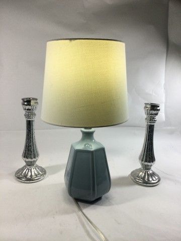 Lot 112: Blue ceramic table lamp with white shade