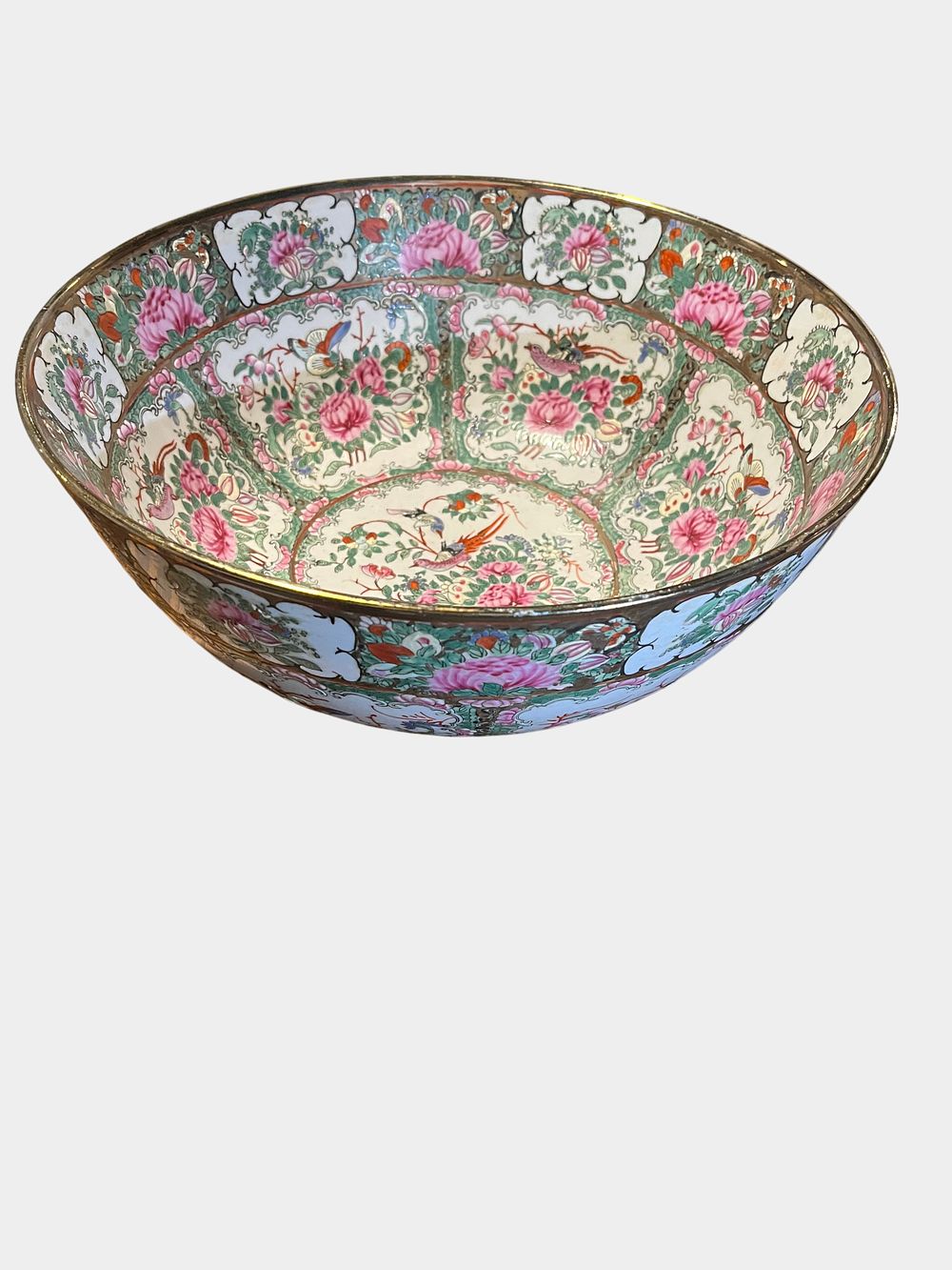 Lot 42: A large famille rose 'bird and flower' punch bowl, mid-20th century or later