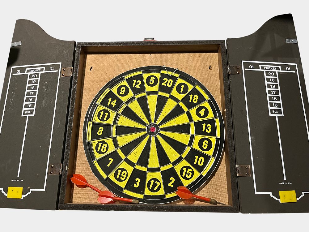 Lot 43: American Knight of Arms Reversible Dartboard Set in Wooden Cabinet