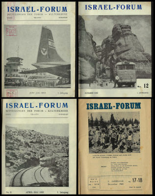 לוט 5 גיליונות של הירחון ISRAEL FORUM שיצא לאור בשפה הגרמנית בין 1959 ועד 1961. בין הגיליונות 