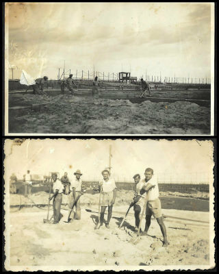 לוט 2 תצלומים של פועלים עבריים הבונים ומיישרים את מסלול הכורכר של אצטדיון המכביה לקראת פתיחת 