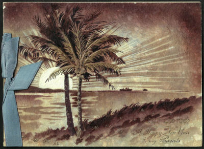 אגרת שנה טובה המיועדת להורים, כיתוב: "לשנה טובה תכתבו", עצי דקל הנושאים הבלטת זהב, הכתובה בשפות 