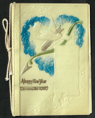 אגרת שנה טובה עשויה בקליט, כיתוב: "לשנה טובה תכתבו", כתובה באנגלית , תוצרת גרמניה