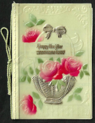 אגרת שנה טובה עשויה בקליט, כיתוב: "לשנה טובה תכתבו", כתובה באנגלית וביידיש, תוצרת גרמניה