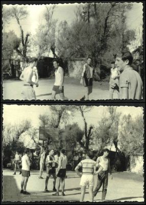 שני תצלומים של הנערים אריק איינשטיין וחיים טופול, בעת משחק כדורסל בתל אביב. ניתן להבחין באריק 