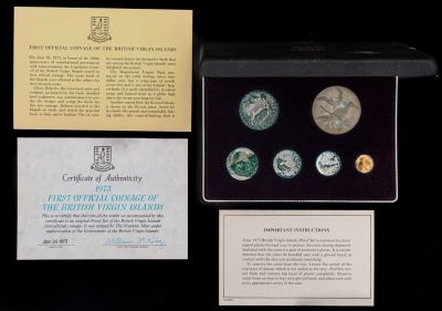 סדרת מטבעות PROOF של איי הבתולה הבריטיים, 1973, בקופסת הענקה מקורית. הוטבעו במטבעת פרנקלין 
