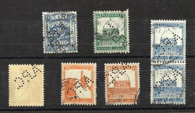 לוט 7 בולי פלשתינה, סדרת E.E.F ו-PICTORIALS, שנים 1920-1940, כל הבולים עם ניקוב A.P.C PERFINE 