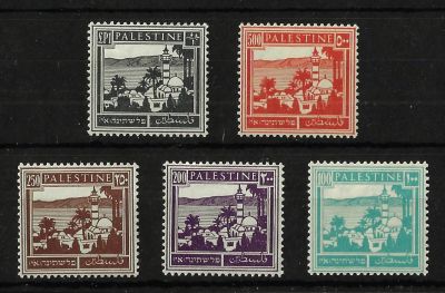 לוט 5 בולי פלשתינה מסדרת PICTORIALS, שנים 1927-1942, העריכים הגבוהים. מצב M.H. שווי קטלוגי גבוה