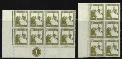 לוט 14 בולי פלשתינה מסדרת PICTORIALS, שנים 1927-1945, שני בלוקים עם שובלים, מספר המסדר בעריך 20 